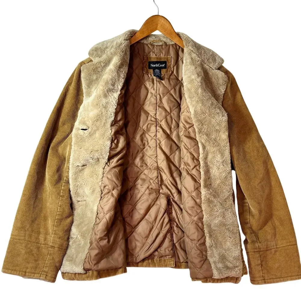 Vintage North Crest Jacket Womens XL 18 Brown Tan Corduroy Faux Fur Collar 90s - Picture 1 of 9